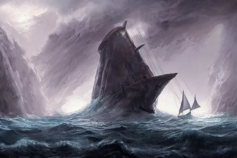 Image similar to Ancient Greek Sailing Vessel, The Argo, Plows through storm tossed ocean waves, Scylla and Charybdis, enormous Krakens, threaten from a rocky caves, the air is alive with rain lighting and fear by Jessica Rossier and HR Giger cinematic concept painting