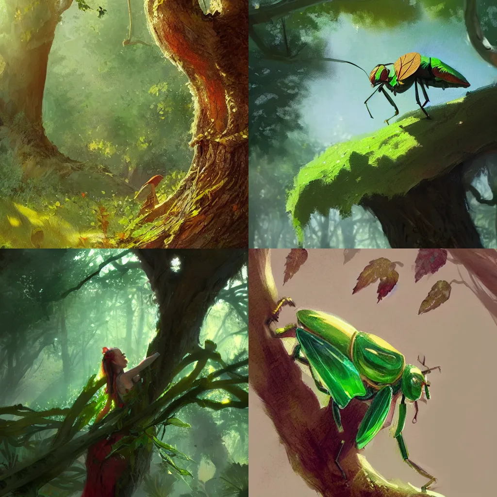 Prompt: beautiful concept art of a green insect on a tree branch among many leaves, dappled sunlight, colorful, fantasy, by greg rutkowski, trending on artstation.