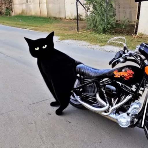 Prompt: a black cat with aviator goggles riding a Harley Davidson