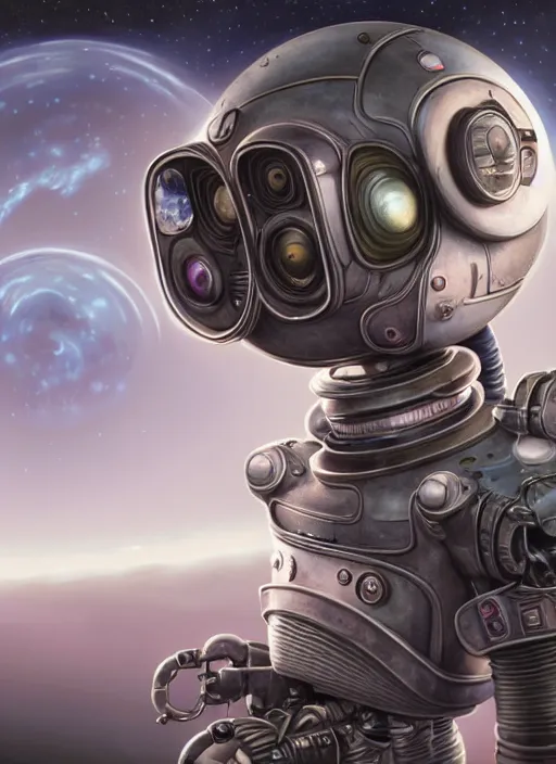 Prompt: highly detailed closeup, portrait of a retro robot deep space explorer, unreal engine, nicoletta ceccoli, mark ryden, earl norem, lostfish, global illumination, detailed and intricate environment