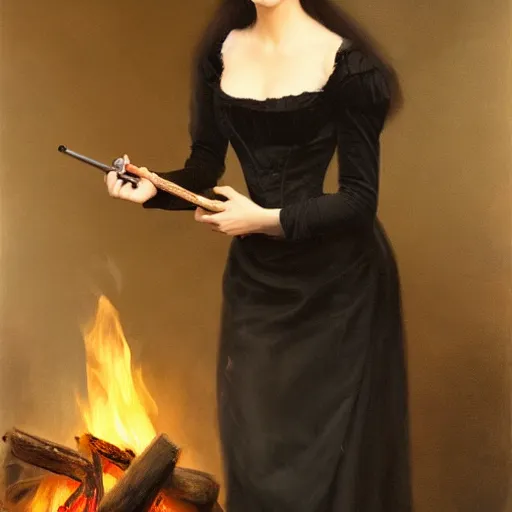 Prompt: a beautiful young woman, pale skin, black long hair, aristocrat, black expensive dress from 1 8 6 0, holding a rifle, illuminated by campfire, oil painting, digital art, studio photo, realistic, artstation, high quality, wild west