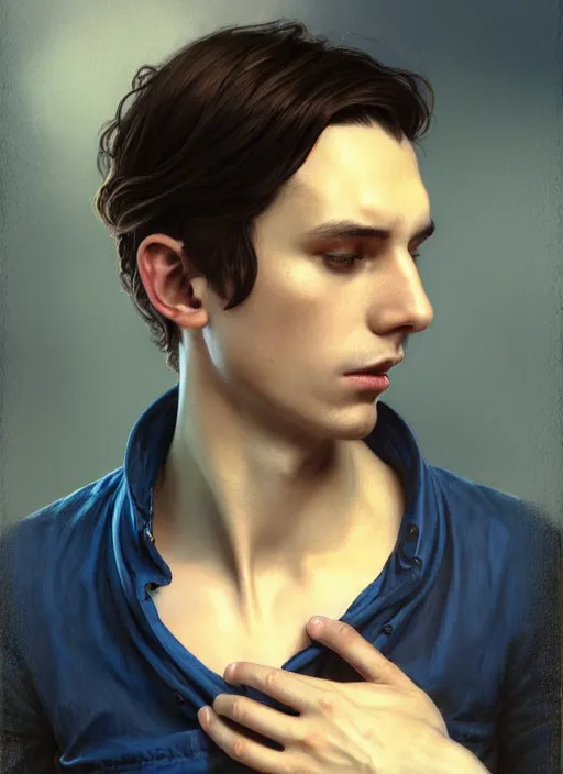 Prompt: handsome young man with short black hair, male, dressed in blue, looking down, half body shot, arms down, path traced, highly detailed, high quality, digital painting, bastien lecouffe - deharme, alphonse mucha, art nouveau, posuka demizu