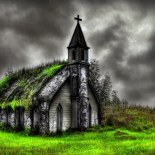 Image similar to Abandoned church covered in moss and surrounded by mist, digital art, dark clouds above