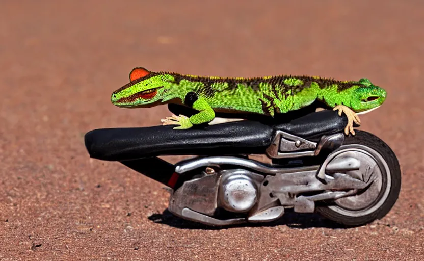 Prompt: gecko riding a mini motorcycle, in the desert, long road,