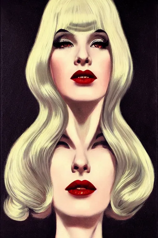 Prompt: portrait 1 9 6 0 s elegant blonde beautiful mod girl, long straight 6 0 s hair with bangs, wearing velvet, vampire, glam, groovy, by brom, tom bagshaw, sargent