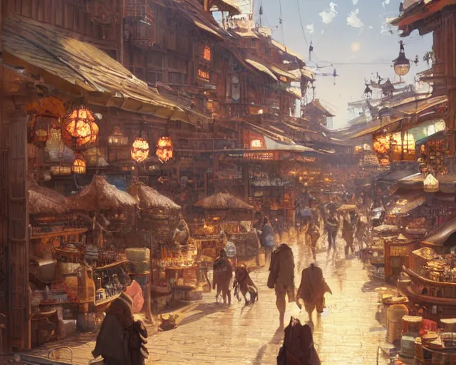 Image similar to bustling marketplace in a great kitsune city, a fantasy digital painting by Greg Rutkowski and James Gurney, trending on Artstation, golden hour, highly detailed