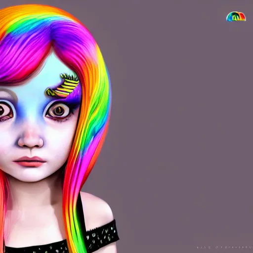 Prompt: a 3 d realistic image of a mythological young girl with rainbow hair looking at the camera, she has sparkles and stickers on her face painting by mark ryden and audrey kawasaki 3 d 8 k ultra detailed