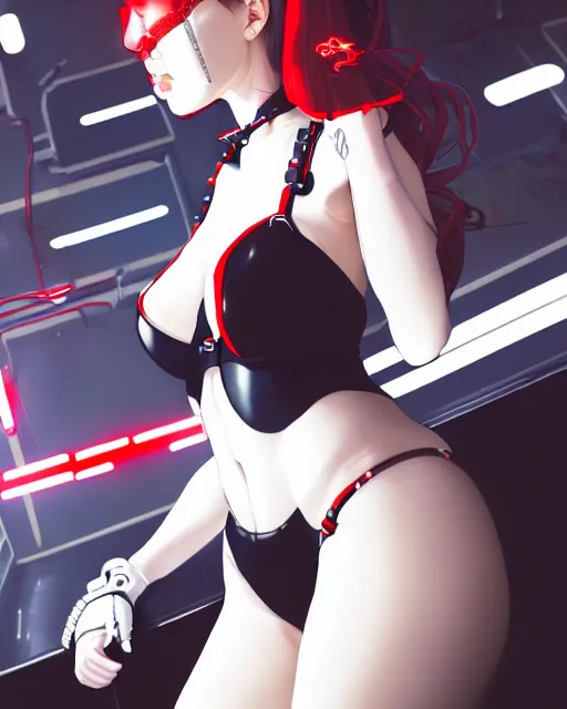 Image similar to a detailed potrait of a cyberpunk cyborg girl with black and red parts, white stockings, white swimsuit, perfect face, realistic shaded perfect face, detailed. night setting. very anime style. realistic shaded lighting poster by ilya kuvshinov katsuhiro, unreal engine, global illumination, radiant light, detailed and intricate environment, full length and white stockings