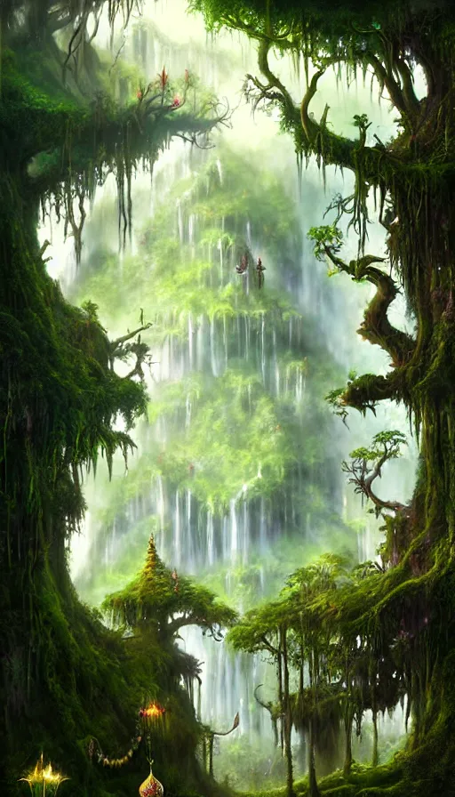 Image similar to fairy palace, castle towers, waterfall of gold and gems, gnarly trees, lush vegetation, forest landscape, painted by tom bagshaw, raphael lacoste, eddie mendoza, alex ross concept art matte painting