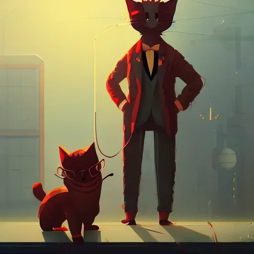 Image similar to cute fashion vogue kittycat man man wearing a cat costume wearing a tuxedo ripped physique simon stalenhag gerald brom bastien grivet greg rutkowski portrait