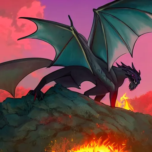 Prompt: dragon living in his dungeon with purple eyes and red wings and black body and breathes bright purple fire in a 4k makoto shinkai movie