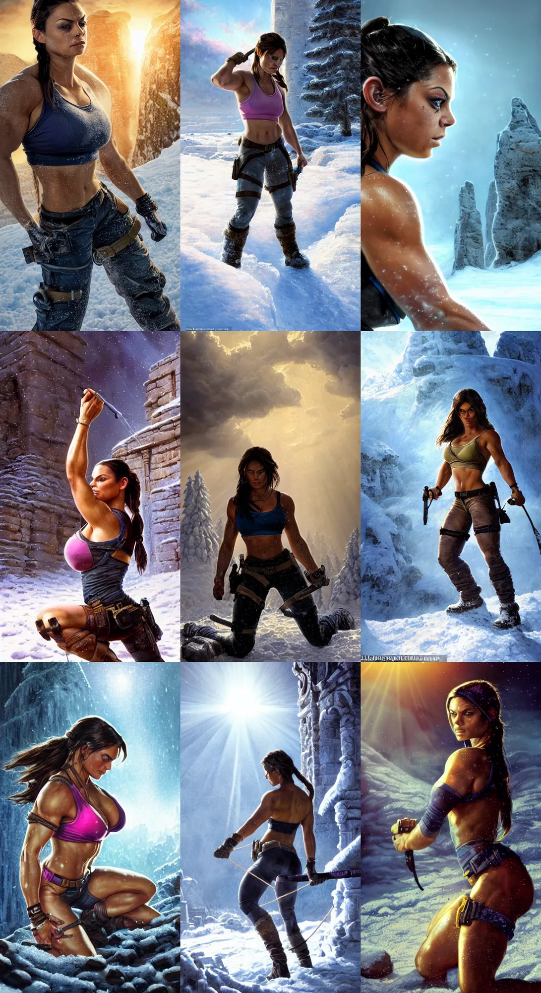 Prompt: epic portrait of muscled Mila Kunis as Lara Croft kneeling in deep snow, ancient ruins, blue hue prism, sun rays through snow, pink golden hour, wind swept snow, intricate, highly detailed, shallow depth of field, epic vista, Ralph Horsley, Daniel F. Gerhartz, Artgerm, Boris Villajo, Lilia Alvarado