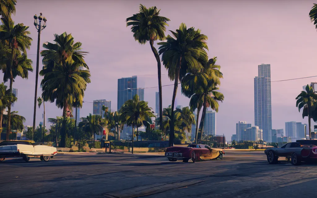 Image similar to still next - gen ps 5 game grand theft auto 6 2 0 2 4 remaster, graphics mods, rain, red sunset, people, rtx reflections, gta vi, miami, palms and miami buildings, photorealistic screenshot, unreal engine 5, 4 k, 5 0 mm bokeh, gta vice city remastered, artstation