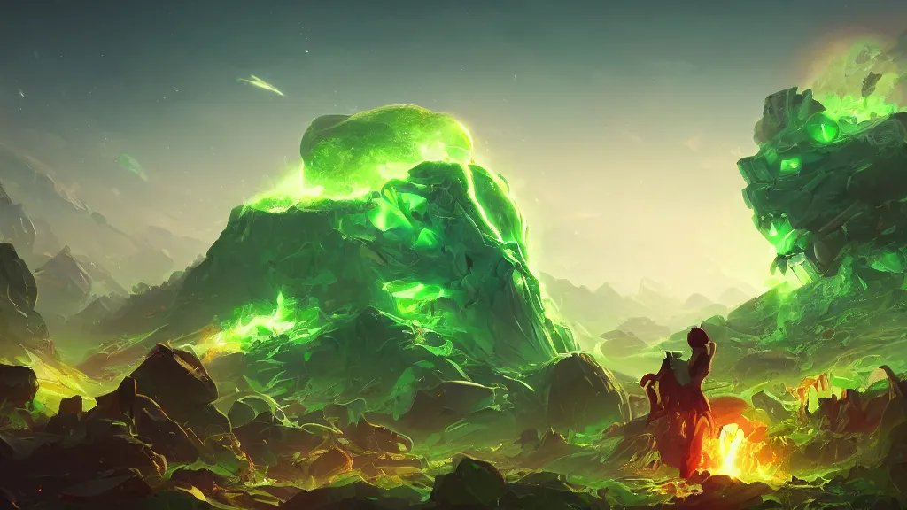 Image similar to giant green skull falls on the earth, meteor, crash, waves of energy, by sylvain sarrailh, rossdraws, ambient light, ultra detailed, fantasy artwork, 8 k, volumetric lighting, trending on artstation, award winning, very beautiful.