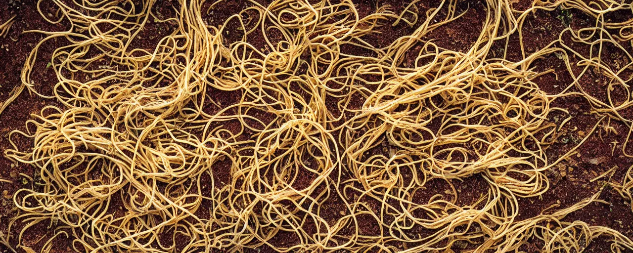 Prompt: spaghettis as mycelium, under the dirt, fine detail, canon 5 0 mm, in the style wes anderson, kodachrome