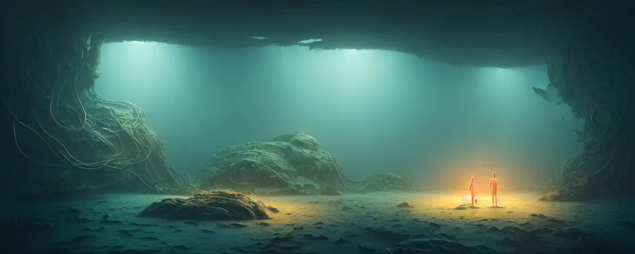 Image similar to ultra realistic muted colors horror photo of a dimly lit alien underwater landscape, very intricate details, focus, full frame image, high contrast, cgi render, artwork by tooth wu and wlop and beeple and greg rutkowski, award winning