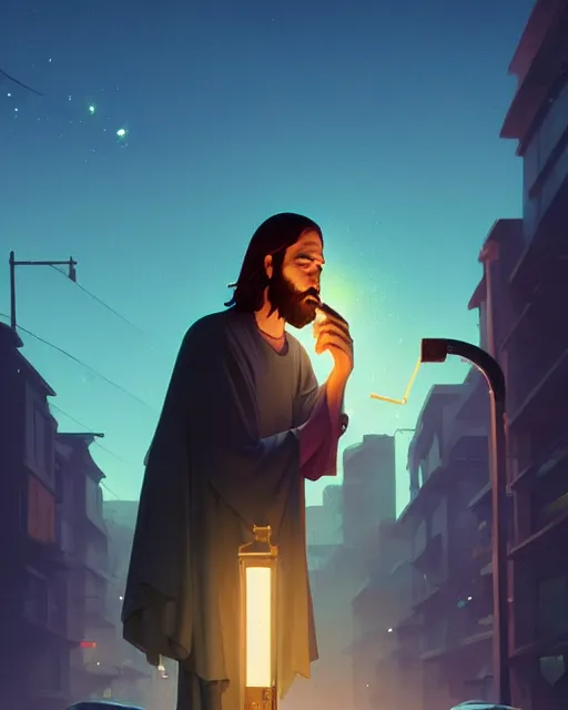 Prompt: highly detailed vfx portrait of jesus smoking a cigarette under a street light, unreal engine, greg rutkowski, loish, rhads, beeple, makoto shinkai and lois van baarle, ilya kuvshinov, rossdraws, tom bagshaw, alphonse mucha, global illumination, detailed and intricate environment