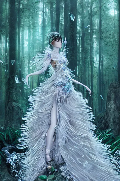 Image similar to a beautiful hyperrealistic ultradetailed 3D, one girl in a magnificent McQueen couture dress on the background of a futuristic forest, Designer clothes, futuristic clothes, clothes from the future, biopunk, voge photo, fashion style, fullbody, in full growth, photorealistic, high resolution, trending on artstation, highly detailed, volumetric lighting, elegant, details, good clear quality, volumetric lighting,