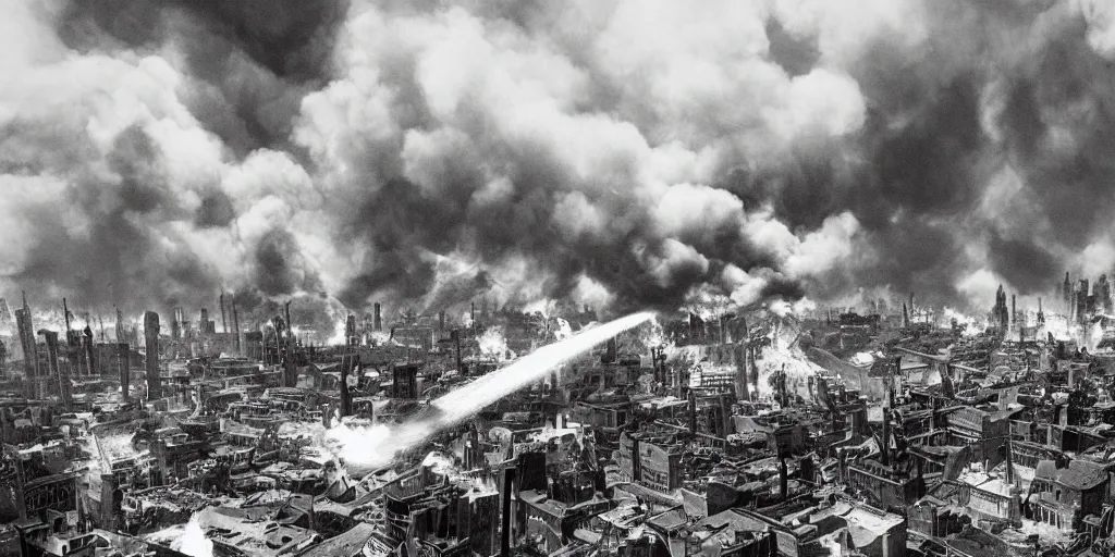 Prompt: dieselpunk city skylines completely engulfed in flames, huge fires everywhere, clouds of smoke, explosions, aerial view, wide shot, 120 black and white film