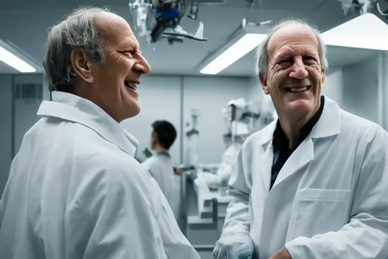 Image similar to an ultra realistic cinematic portrait of an evil male scientist smiling, stood in a lab, detailed, deep focus, movie still, dramatic lighting, by werner herzog