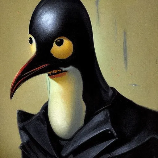 Prompt: stunning Cybernetic anthropomorphic penguin with sharpen teeth ,Gothic art, atmospheric, ominous, eerie, cinematic, Epic, Concept art by John Singer Sargent