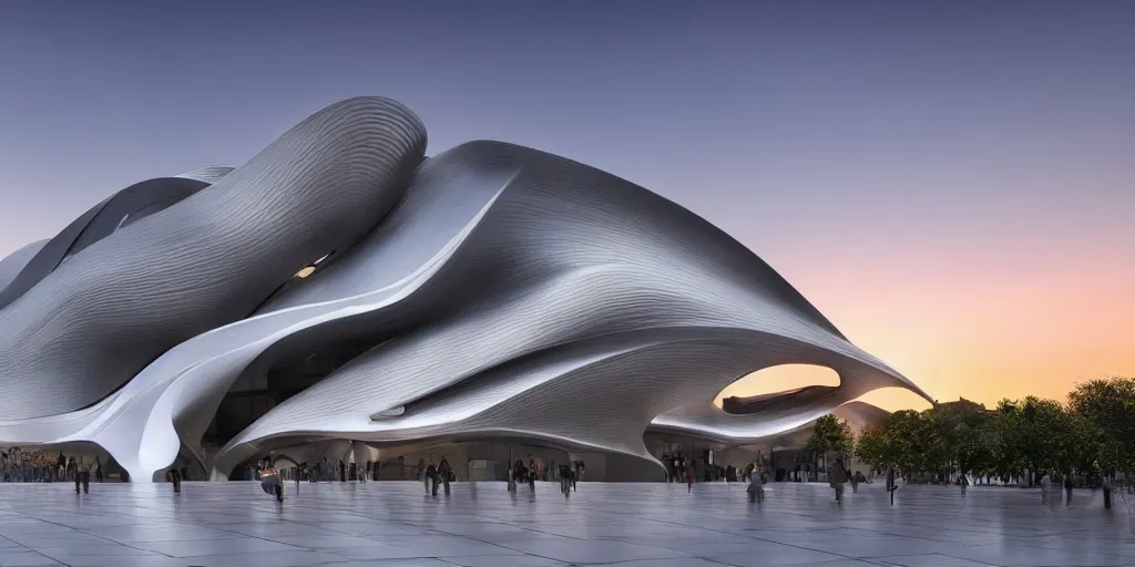 Prompt: extremely detailed ornate stunning beautiful elegant futuristic museum exterior by Zaha Hadid, stunning volumetric light, sunset, 8k