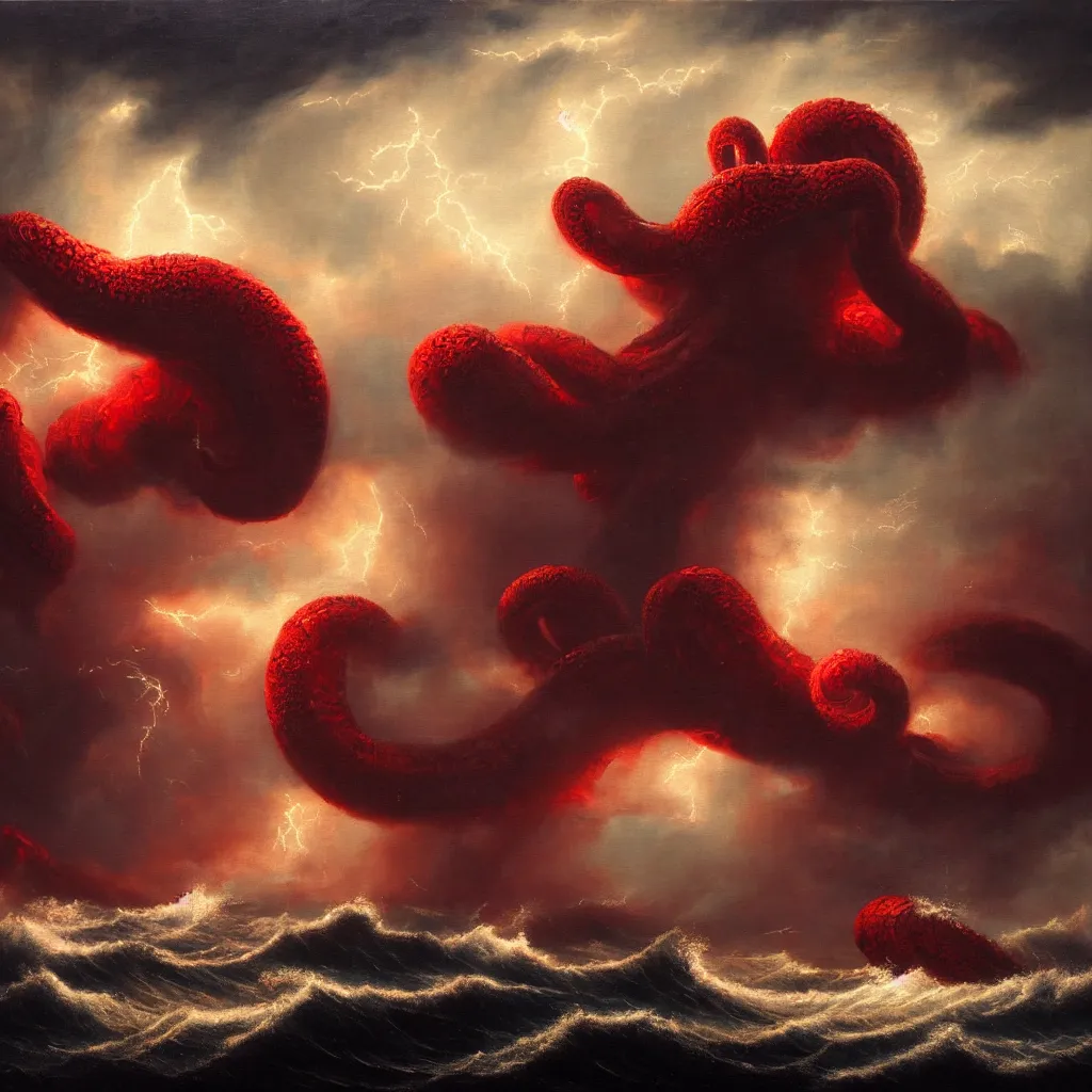 Prompt: a fantasy landscape. subject : giant dark red kraken, stormy sea, giant waves, lightning in the background, small boat, oil painting, 4 k