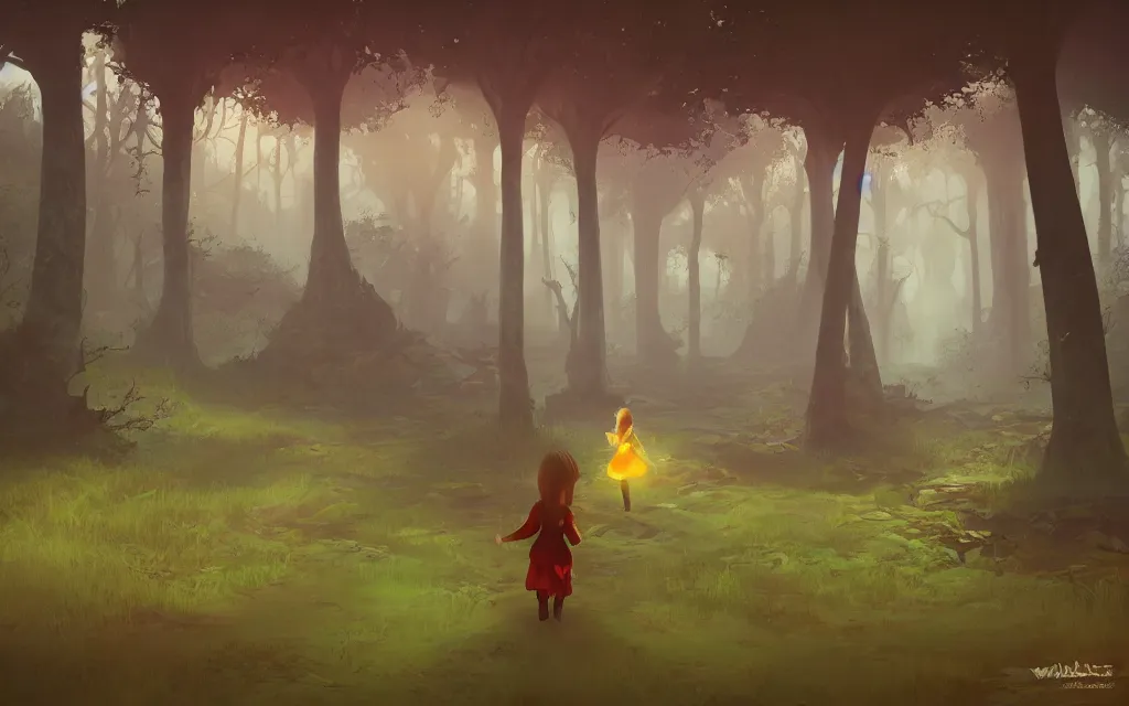 Image similar to little girl walking in an ancient forest, complementary colors, ruins, fantasy art, indie game art, dynamic lighting, artstation, volumetric lighting