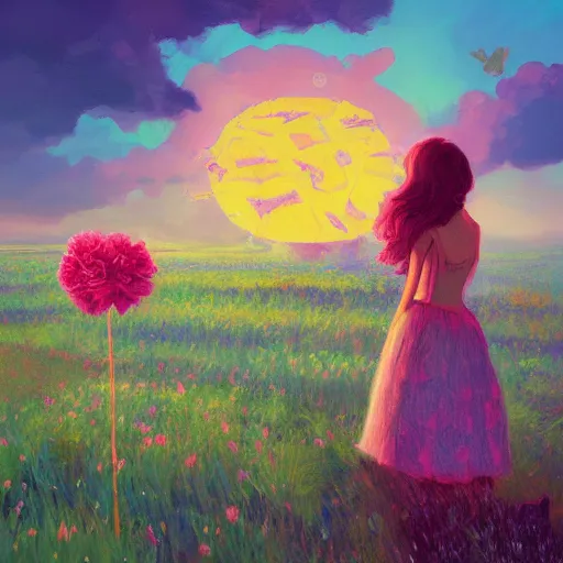 Image similar to girl with a giant carnation head, surreal photography, flower field, sunset dramatic light, impressionist painting, colorful clouds, blue sky, digital painting, artstation, simon stalenhag