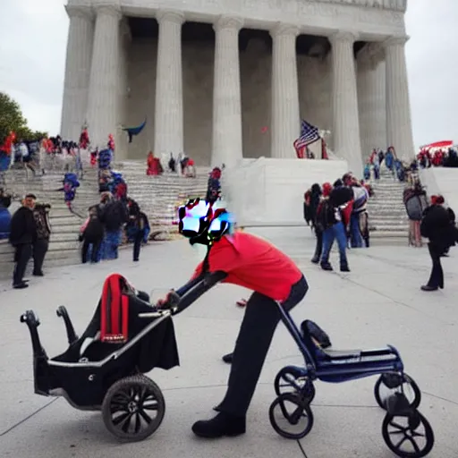 Prompt: highly detailed, award winning photograph of donald trump stealing candy from a baby in a stroller in front of the lincoln monument