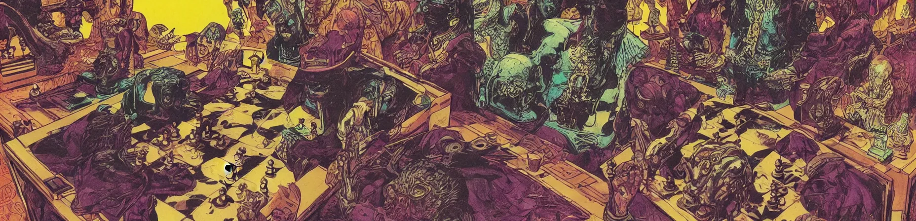 Image similar to chess set, taro deck card king and psychedelic grainshading print by moebius, richard corben, wayne barlowe, cyberpunk comic cover art, galactic dark colors