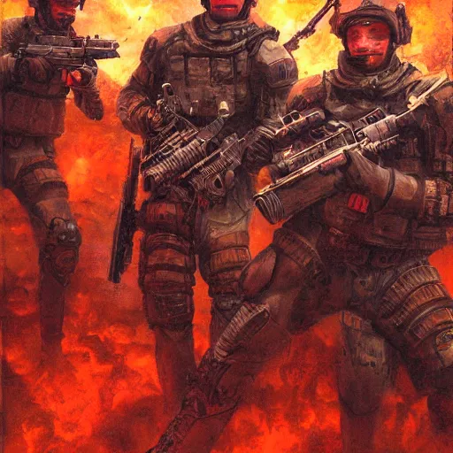 Image similar to tactical team in hell, by jon foster