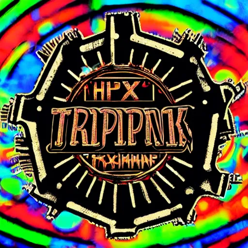 Image similar to sticker of a rock band, name is text tripmachine, on the sticker is a 3 d render of a huge futuristic steampunk generator with gears and music instruments, 8 k, fluorescent colors, halluzinogenic, multicolored, exaggerated detailed, silk screen art