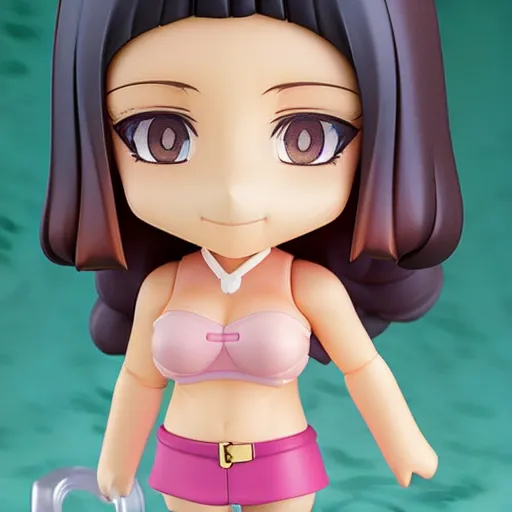 Image similar to nendoroid of a tan middle aged woman with dark long wavy hair, brown eyes, pink lipstick