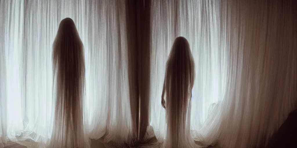 Image similar to love, translucent people with long glowing hair, from behind, rebirth, wide angle, cinematic atmosphere, elaborate, highly detailed, dramatic lighting