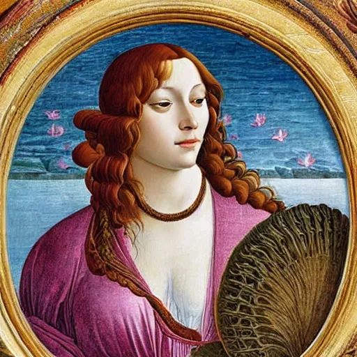 Image similar to an ultradetailed mythological oil painting of a beautiful woman with long brown hair, full body, wearing pink floral chiton, sleeping on a giant scallop shell, near the seashore, intricate lines, elegant, renaissance style, by sandro botticelli