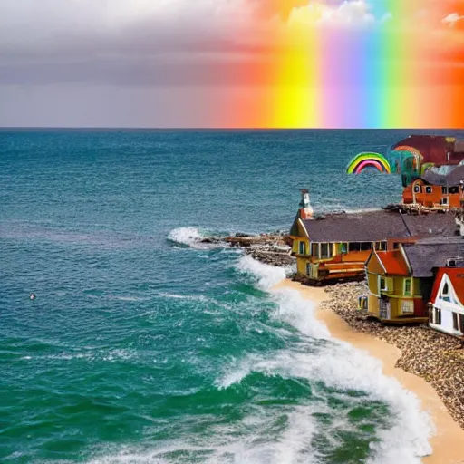 Prompt: A rainbow on top of the sea, with houses on a beachside and seagulls flying -9