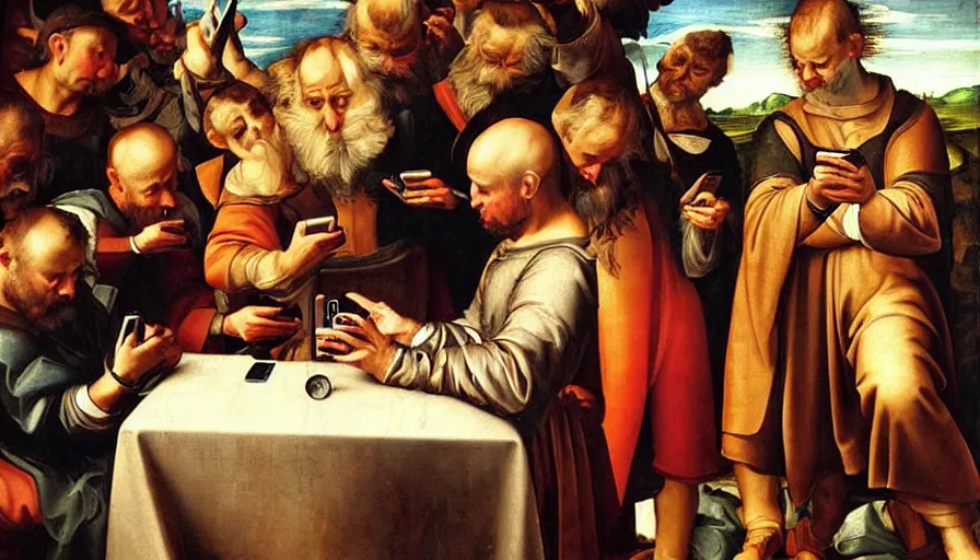 Prompt: people using smartphones!!, renaissance painting, oil painting, hyperdetailed