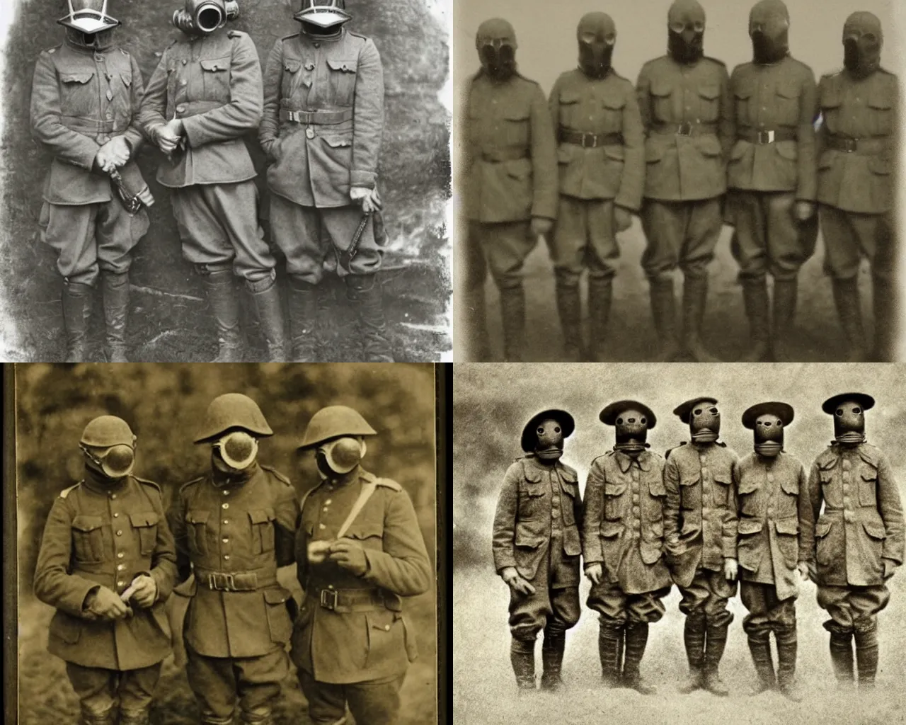 Prompt: WWI soldiers wearing WWI gas masks, sepia, faded, blurry, blurry, blurry, creepy