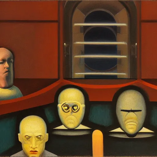 Prompt: three brutalist judges with glowing eyes, inside a dome, pj crook, grant wood, edward hopper, syd mead, chiaroscuro, oil on canvas