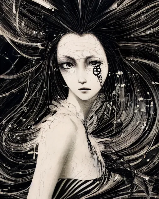 Image similar to Yoshitaka Amano realistic illustration of an anime girl with wavy white hair and cracks on her face wearing dress suit with tie fluttering in the wind, abstract black and white patterns on the background, noisy film grain effect, highly detailed, Renaissance oil painting, weird portrait angle