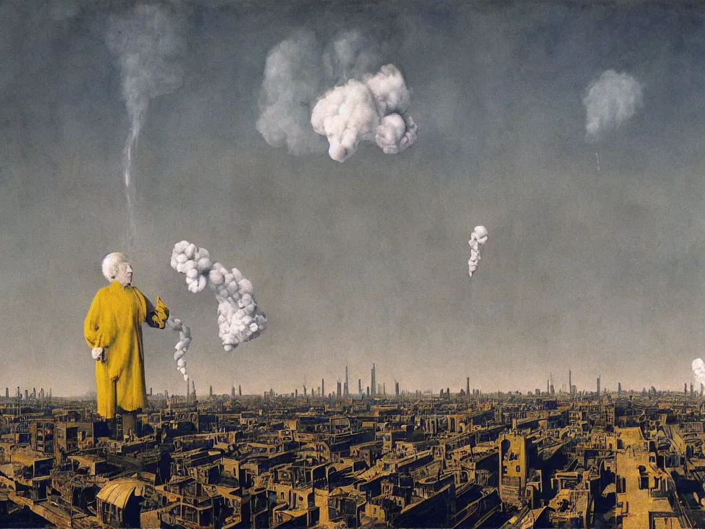 Image similar to albino mystic, looking brutalist metropolis, toxic, industrial with smoke in the distance. Painting by Jan van Eyck, Audubon, Rene Magritte, Agnes Pelton, Max Ernst, Walton Ford