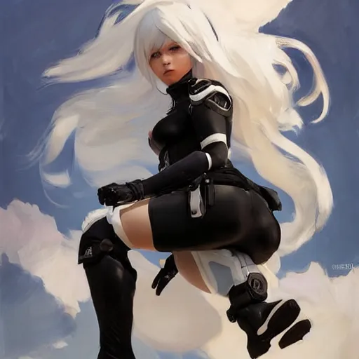 Image similar to greg manchess portrait painting of yorha no. 2 type b as overwatch character, medium shot, asymmetrical, profile picture, organic painting, sunny day, matte painting, bold shapes, hard edges, street art, trending on artstation, by huang guangjian and gil elvgren and sachin teng