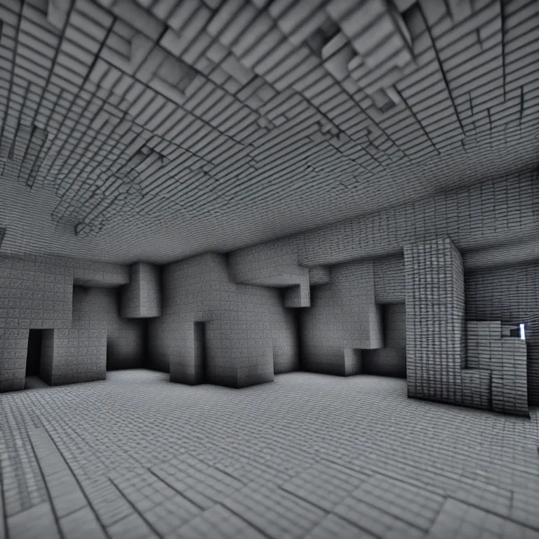 Image similar to Concrete gray multi-layered underground structure with multiple floors and a plus-shaped cleft in the center. Inside view, minecraft style, layers, straight lines, corners, high detailed, details, ultra realistic, photorealism, 8k, wide shot, symmetrical, render, brutalism, ray of light, architecture, volumetric lighting, cinematic, shadows