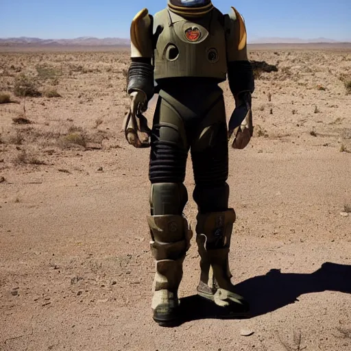 Prompt: award winning photograph of barack obama wearing fallout t - 5 1 b power armor in the mojave desert