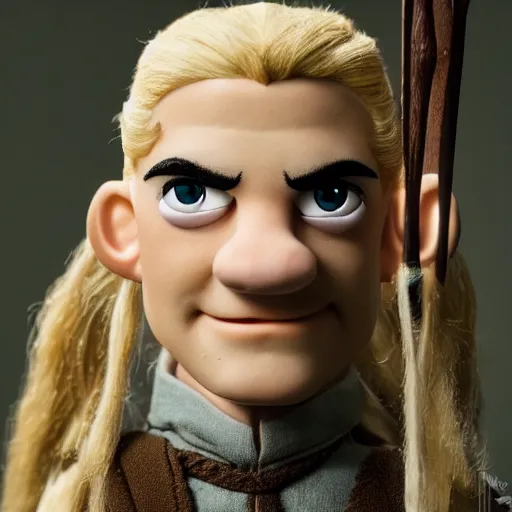 Prompt: Legolas depicted as a muppet, photography, cinematic lighting, close up shot