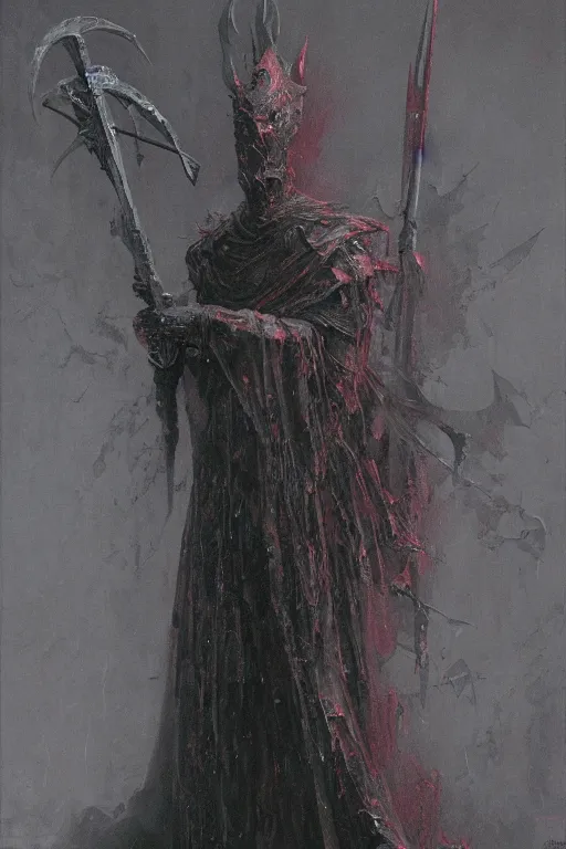 Image similar to Distorted god knight in robe with a giant reaper scythe, dark fantasy, intricate, highly detailed, smooth, artstation, painted by Wayne Barlowe, zdislav beksinski, Francis Bacon