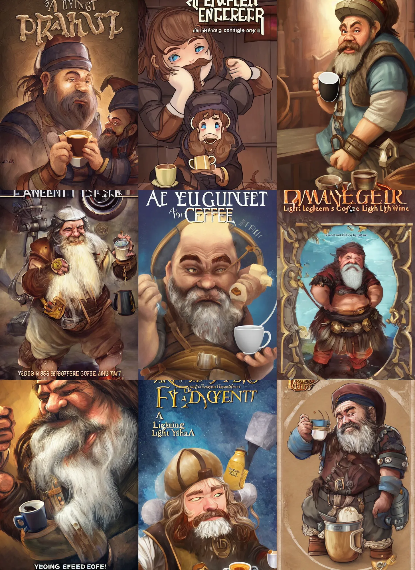 Prompt: a dwarf engineer struggles to drink coffee, young adult light novel cover art