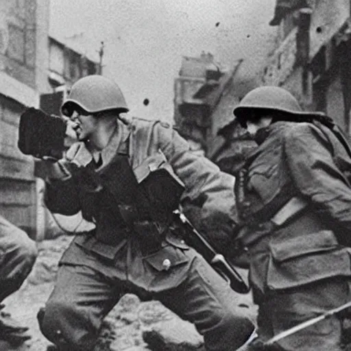 Prompt: pokemon fighting at world war 2, wartime footage, world war, award winning photography