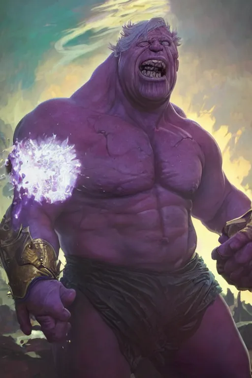 Image similar to Boris Johnson as Thanos, highly detailed character in digital fantasy, painted portrait, artstation, concept art, hard focus, illustrations, works by Artgerm and Greg Rutkowski, Alphonse Mucha and Craig Mullins, James Gene, Andrey Ryabovichev, Mark Simonetti and Peter Morbacher, 16 thousand